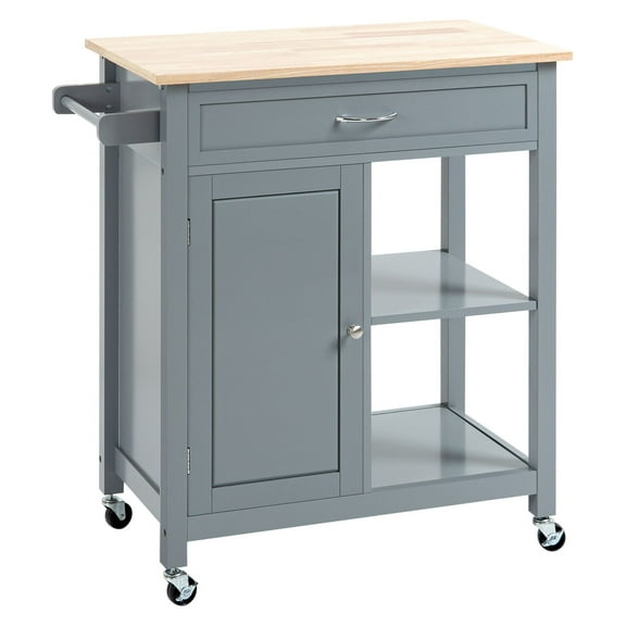 SAZYY Gray Kitchen Utility Trolley with Wood Top, Open Shelf & Drawer, Rolling Kitchen Cart on Wheels