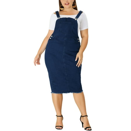 MODA NOVA Juniors Plus Size Adjustable Strap Back Slit Denim Overalls Dress