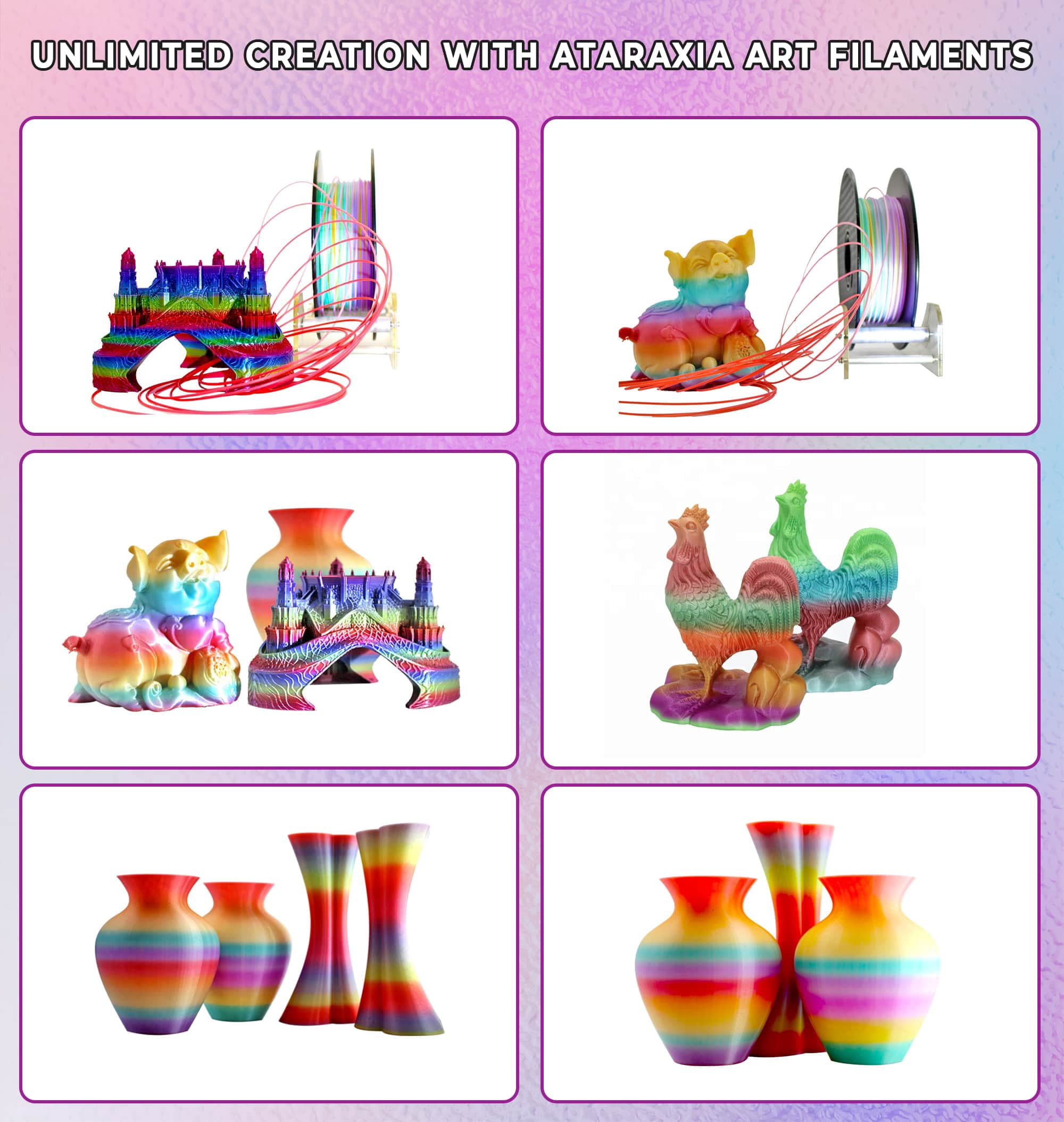 Ataraxia Art Rainbow PLA Filament, 3D Printer Filament, Multicolor Rainbow PLA Filament 1.75mm, Fast Color Change, 1KG/2.2LB Spool, Include Filament Storage Vacuum Bag, Fit Most FDM 3D Printer