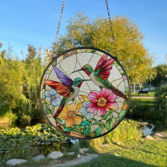 Hummingbirds Painted Stained Glass Suncatcher, Window Hanging Decor, Outdoor Sun Catcher Decor, Birds WallÃ‚ Decor