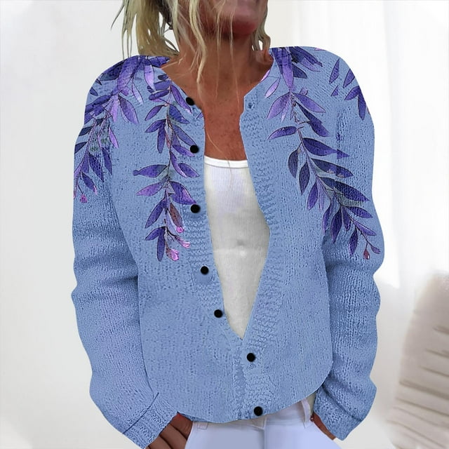 LOVZFMLL Cardigan pour Femmes Imprimé Décontracté Tricoté Manteau à Boutons