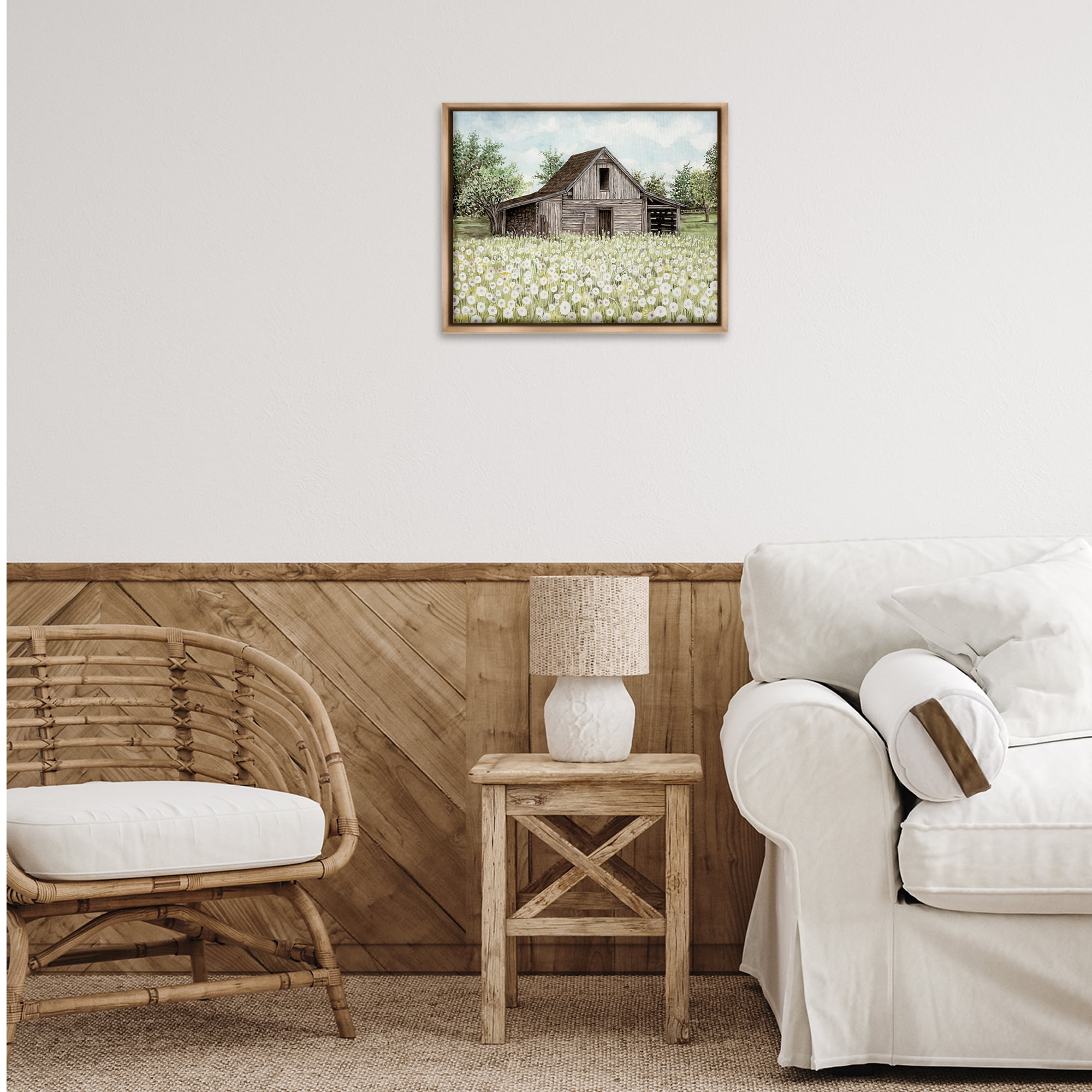 Stupell Industries White Poppy Farm Meadow Landscape & Nature Painting Brown Floater Framed Canvas Art Print Wall Art, 21 x 17