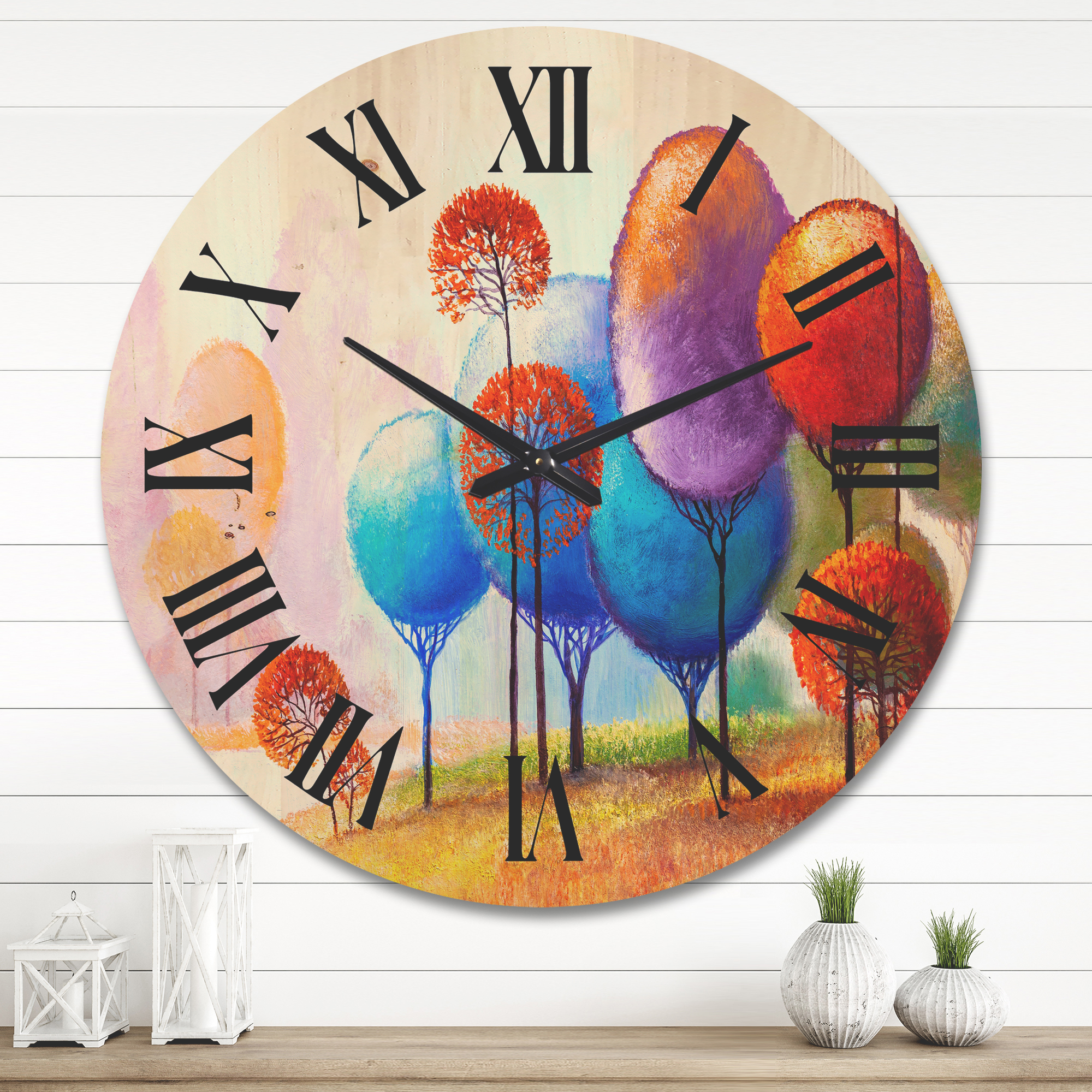 Designart 'Colourful Trees Abtract Impression III' Traditional Wood Wall Clock