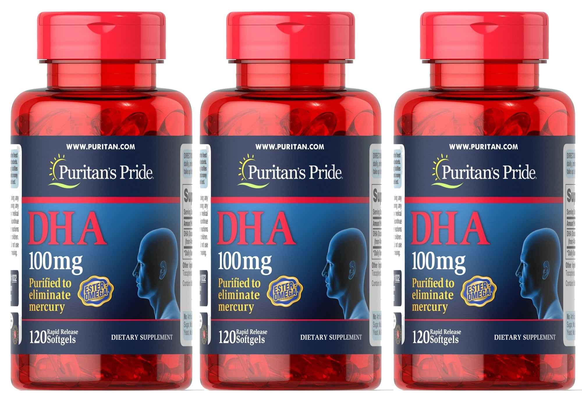 Puritan's Pride DHA 100 mg, Antioxidant Purified to eliminate Mercury 120 Softgels 2 Pack
