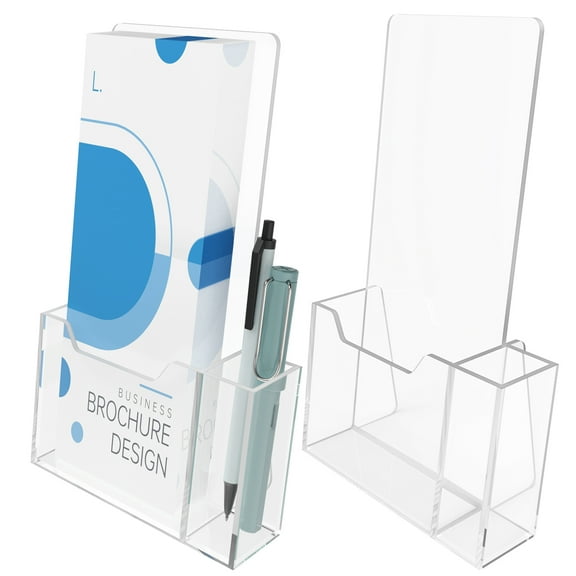 2-Pack Clear Acrylic Brochure Holders 4x9 with Pen Slot, Countertop Display Stands for Flyers, Pamphlets, Menus, Rack Cards, Magazines, Leaflets, Sturdy Back Panels for Desk or Reception Use