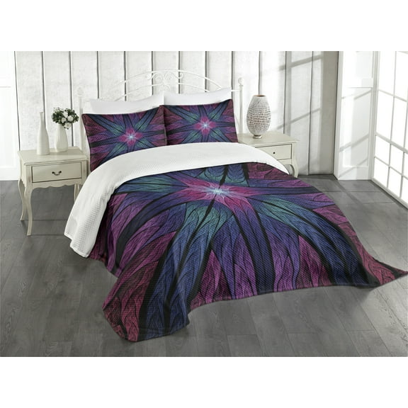 Ambesonne Fractal Quilted Bedspread Set 3 Pcs, Psychedelic Vivid Art, King Size, Plum Indigo