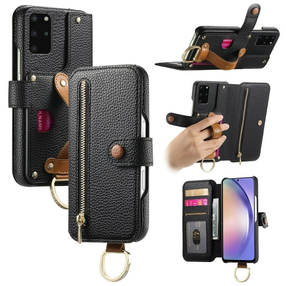 ELEHOLD Case for Samsung Galaxy S20 , RFID Blocking Zipper Leather Wallet Stand Case with Card Slot & Wrist Strap & Ring Holder,Black