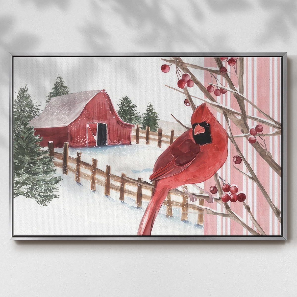 Winter Cardinal Collection A - Framed Gallery Wrapped Holiday Canvas - 25 x 37 - Silver Frame