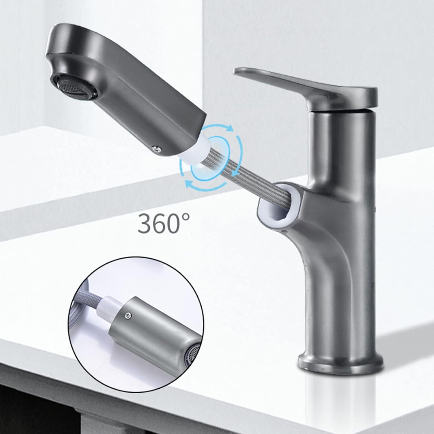 Bathroom Sink Faucet with Pull Out Sprayer,360° Swivel Spout Bathroom Sink Faucet,Bathroom Faucet Single Hole,Single Handle Basin Mixer Tap for Hot and Cold Water,Black