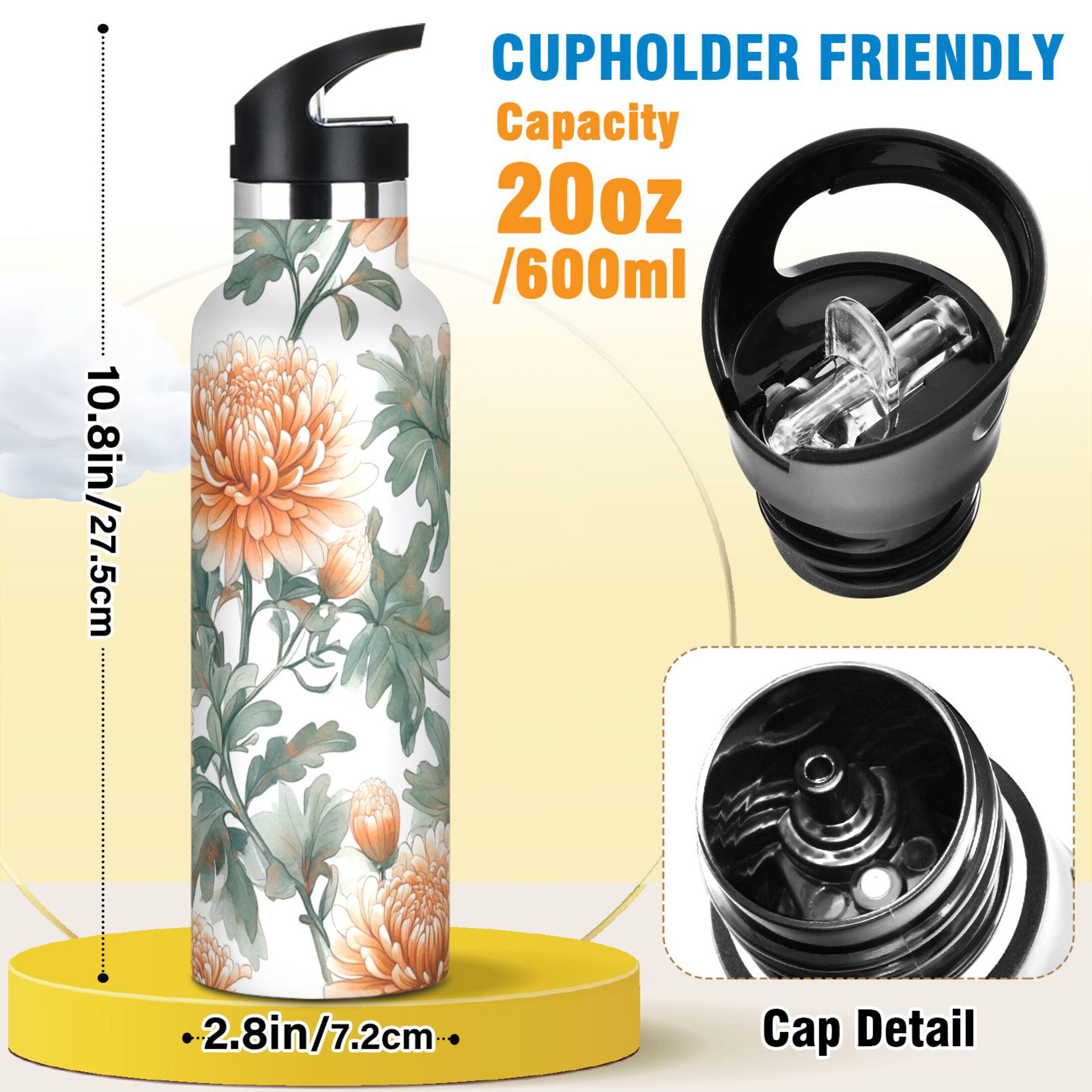 600ML Stainless Steel Insulated Cup Sports Water Bottle Portable Thermos Cup Water Glasses Insulated Tumblers Convenient and Durable Chrysanthemums Coral