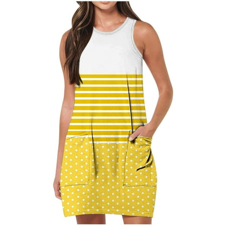 Usdian Graduation Dress Crew Neck Sleeveless Tank Dresse Sun Dress Plus Size Dresses Plus Size Dresses Soft Printed for Outdoor Yellow XXL Womens Summer Dresses Clearance Sale