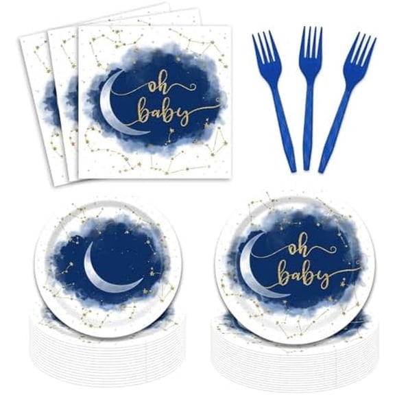 96Pcs Celestial Baby Shower Party Supplies Tableware Set for Boys Twinkle Twinkle Little Star Moon Navy and Gold Disposable Forks Paper Napkins Plates for 24 Guests$$Home Decor, Kitchen, & Other