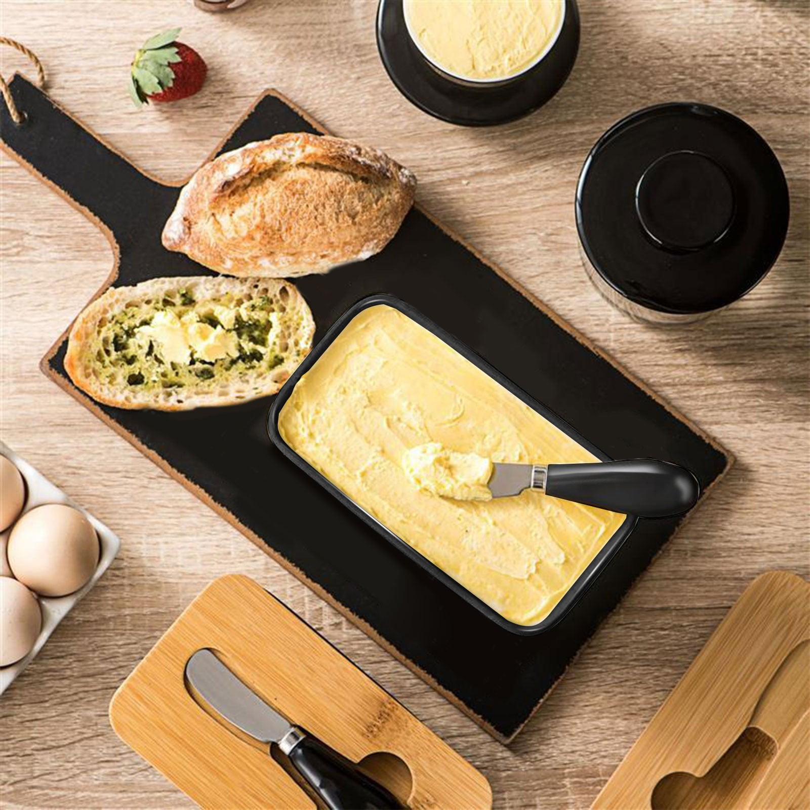 HOZVOMI Ceramic Butters Storage Box - Nordic Style Ceramic Jar with Lid and Cutting Tools for Cheese and Butters Storage
