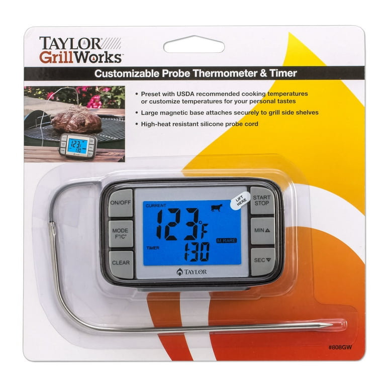 Taylor Wired Probe Thermometer with Bright Blue Backlight and USDA Presets  Gray