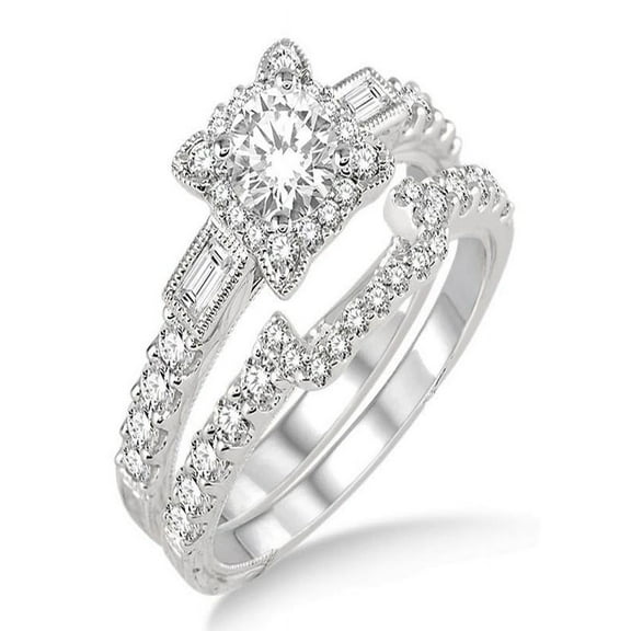 1.00 Carat Vintage floral Bridal Set Engagement Ring with Round Diamond in 10k white Gold