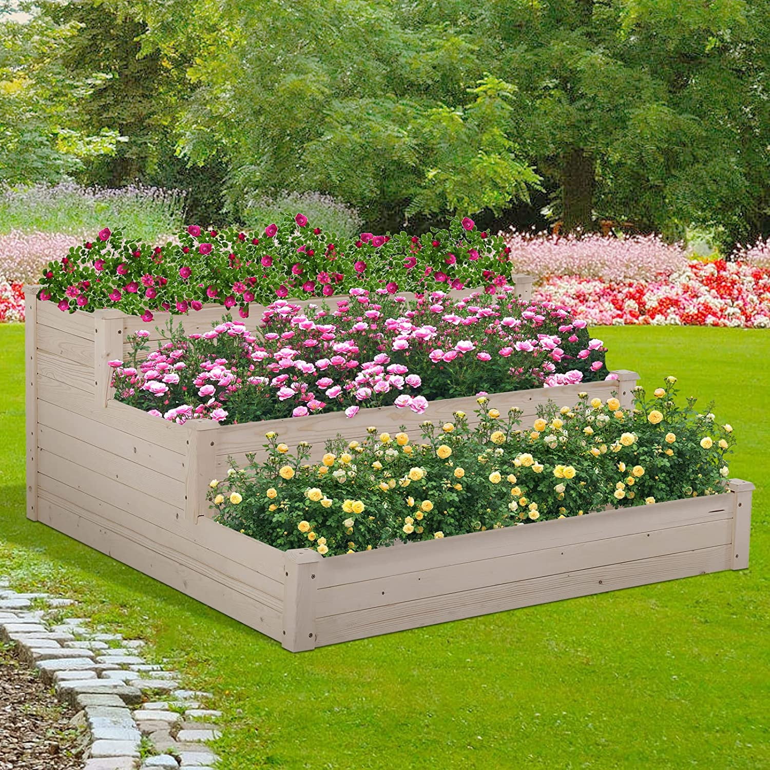 3-Tier Raise Garden Bed, Elevated Garden Bed Kit Wooden Planter Box 48x48x22 inch Elevated Planter Box for Plants Herbs Vegetables, Natural