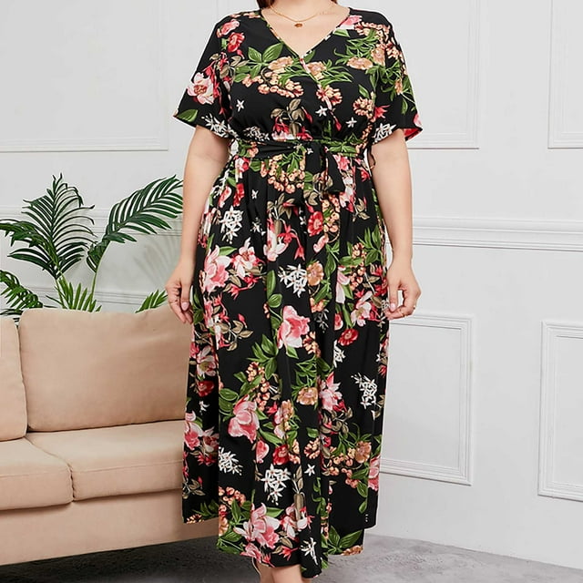 SMihono Robe Maxi Bohème d'Été pour Femmes Grande Taille Robe Imprimée d'Été pour Femmes Grande Taille Col en V Manches Courtes Taille Élastique Robe de Plage Robe de Soleil Robe Midi Fluide à Volants Robe de Plage