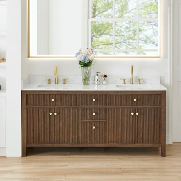 Cerrito 72" Wood Vanity in Brown Brushed Oak Engineered Stone Top no Mirror