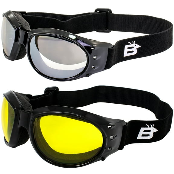 Birdz Eyewear Padded Motorcycle Riding Goggles 2 Pairs Black Frames with Clear Mirror & Yellow Lenses