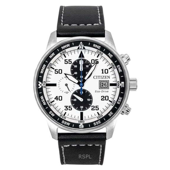 Citizen Eco-Drive Aviator Chronograph Leather Strap White Dial CA0880-07A 100M Men's Watch
