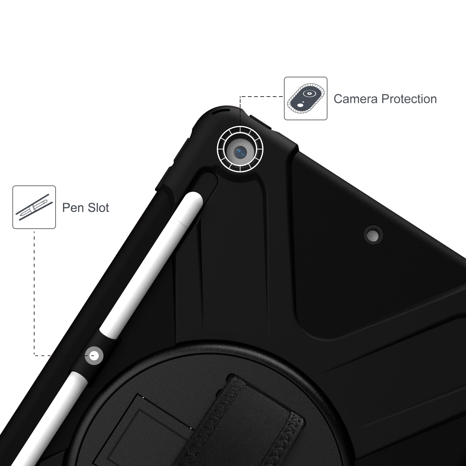 KIQ Shield iPad 9th Generation Case 10.2 2021, Heavy Duty Kids Case 360 Hand Strap Kickstand for Apple iPad Case 7th Gen 8th Gen 2019 2020 - Black