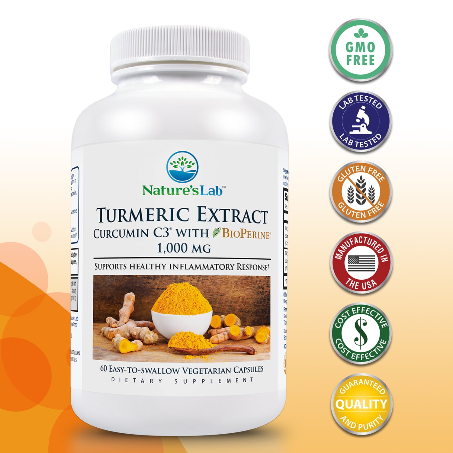 Nature's Lab Turmeric Extract with Curcumin C3 and BioPerine 60 Count