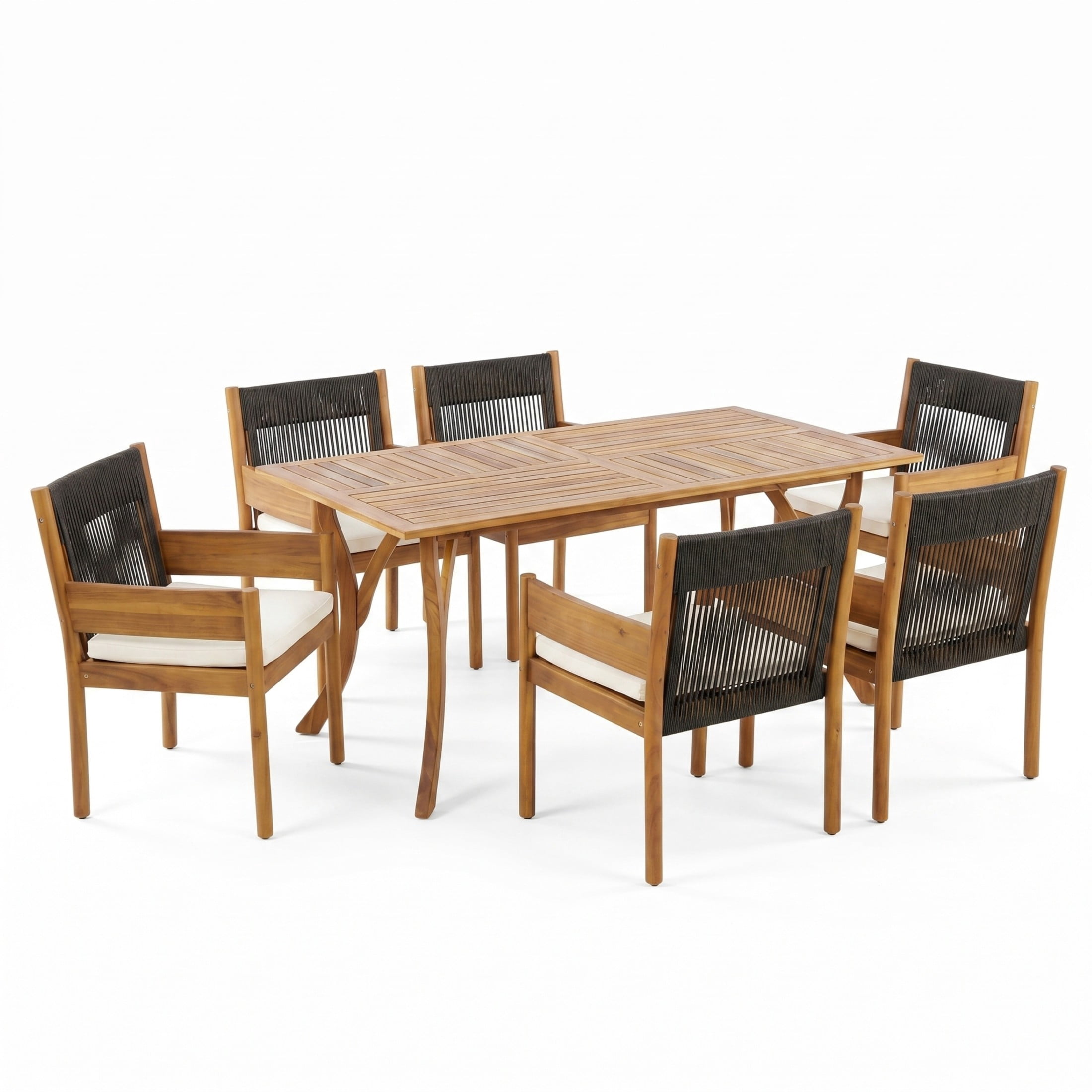 Christopher Knight Home 7-Piece Wood Patio Dining Set, 59" Table with 6 Rope Chairs, Teak+Black