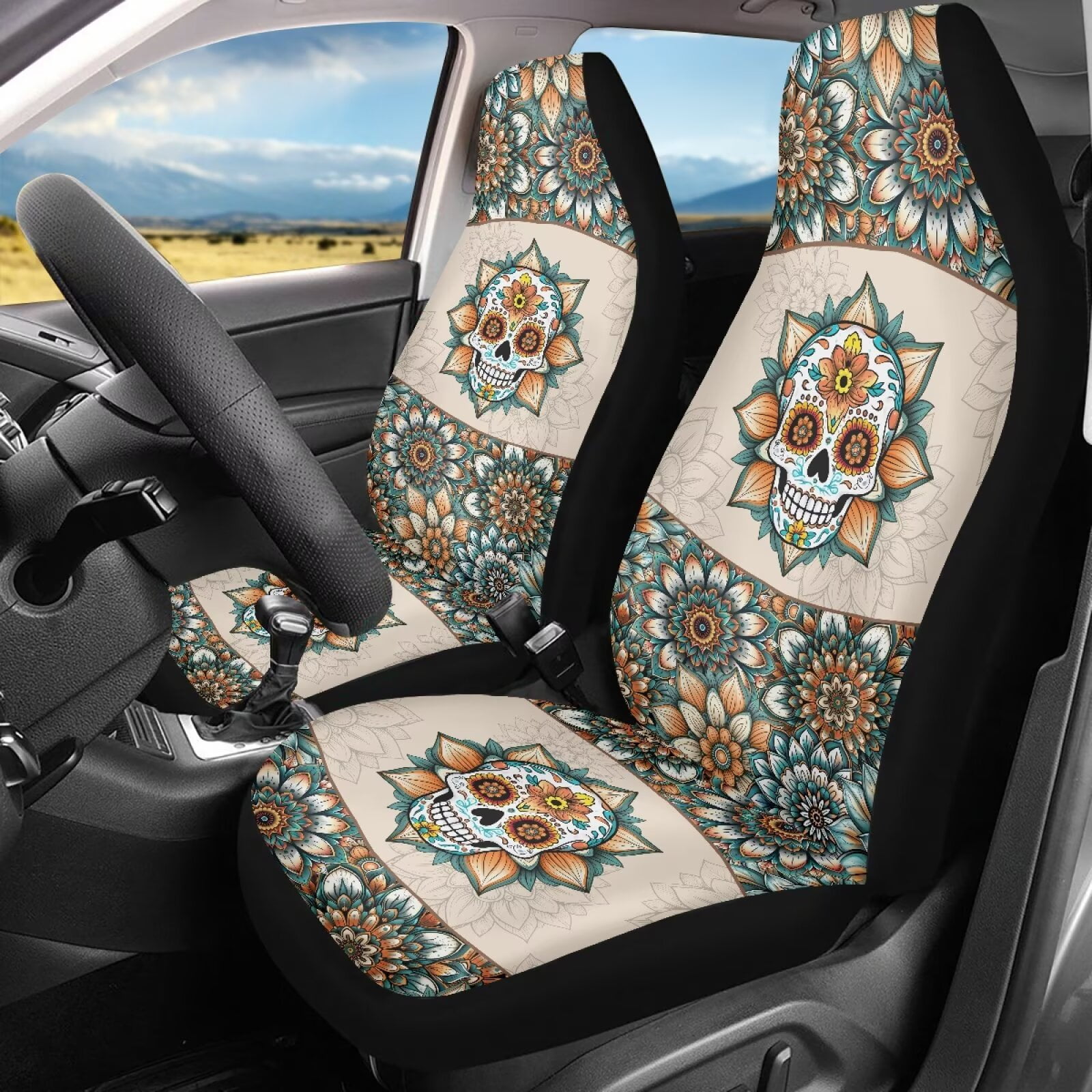 Yuyamidu Skull Car Seat Covers Set of for 2 Front Seats, Boho Mandala Flower Auto Accessories Decor Universal Fit for Car Truck SUV