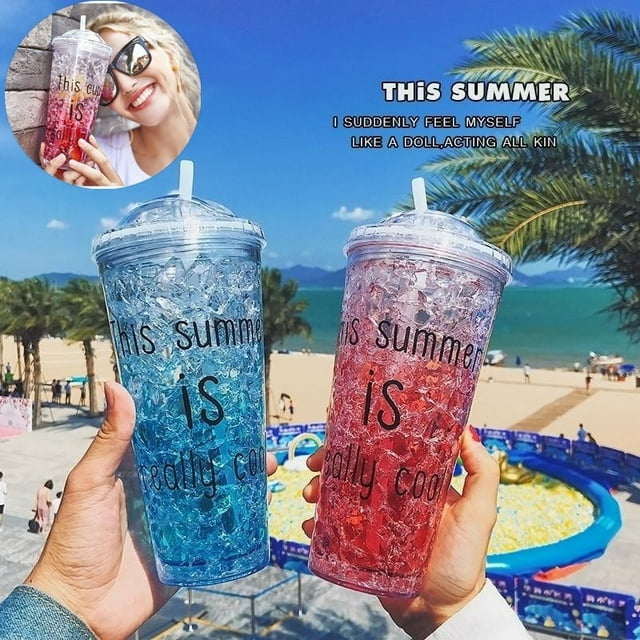 Taza de hielo Taza de hielo creativa de verano Doble capa con paja con cubierta Taza de agua de plástico Refrigerat NikouMX Muebles