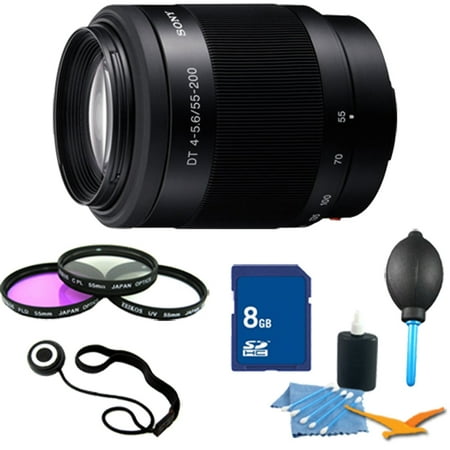 Sony SAL55200 DT 55-200mm f4-5.6 Compact Telephoto Zoom Lens Essentials Kit. Kit Includes Lens, Filter Kit, 8 GB Memory Card, 3 Pcs. Lens Cleaning Kit, Lens Cap Keeper, and Professional Blower / Dust