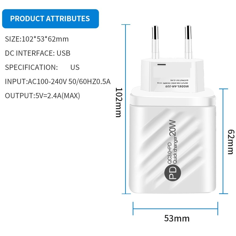 20W USB Fast Wall Charger USB Type C PD Charger 3.0 Digital Display USB Quick Charging ,Safe and Reliable