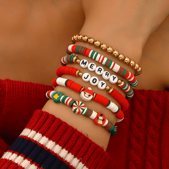 Z.LP Jewelry Beaded Bracelet Set - "JOY" "MERRY" Charm Stackable Bracelets for Holiday