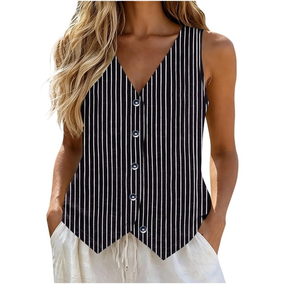 ATOYSOY Womens Fashionable Striped Sleeveless Vests V Neck Button Down Breathable Waistcoat Loose Comfortable Casual Tops Fashion Apparel For Summer Daily Beach Street Wear