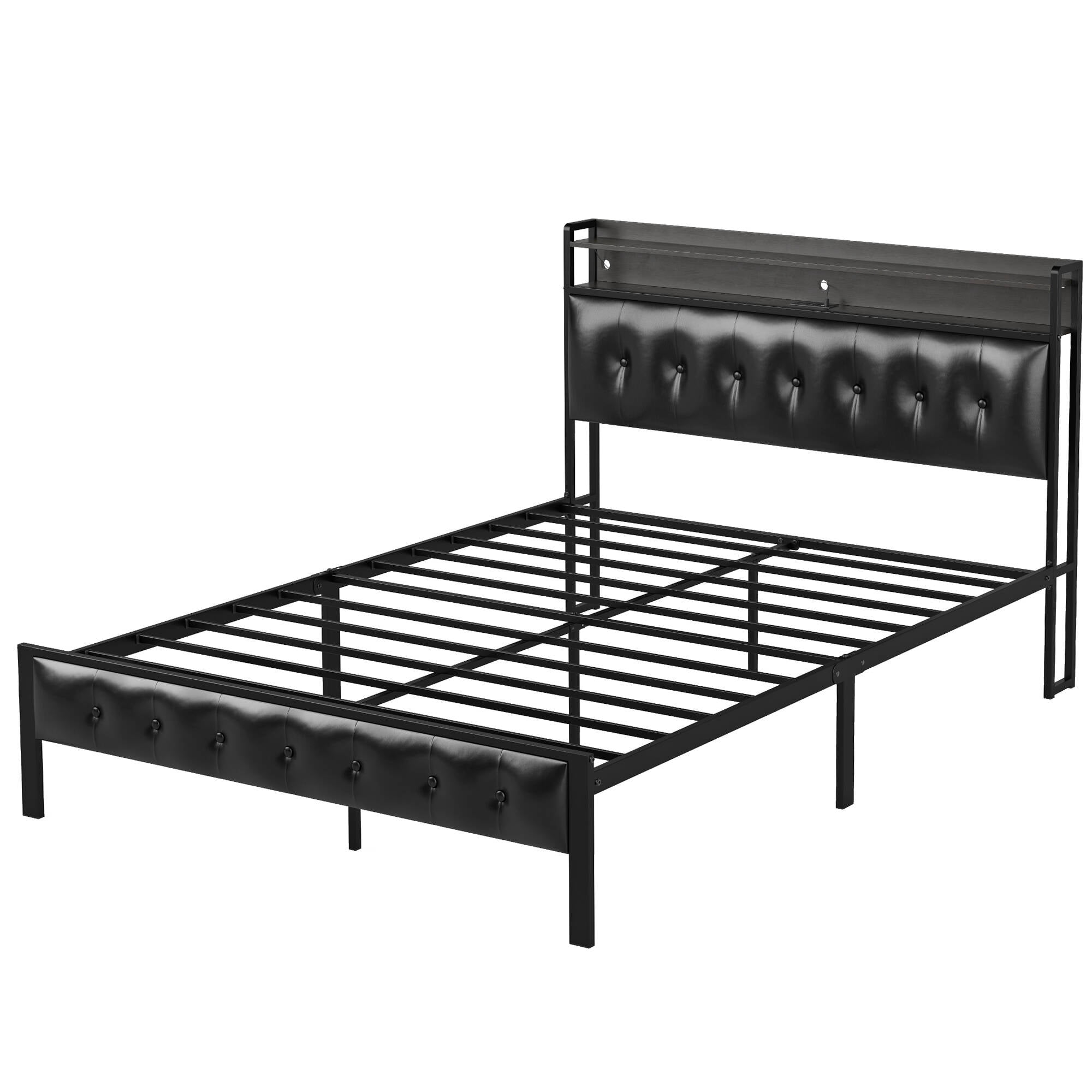 GUNAITO Full Size Bed Frame with PU Leather Storage Headboard & Footboard Upholstered Platform Bed with LED Lights USB Ports & Outlets Black