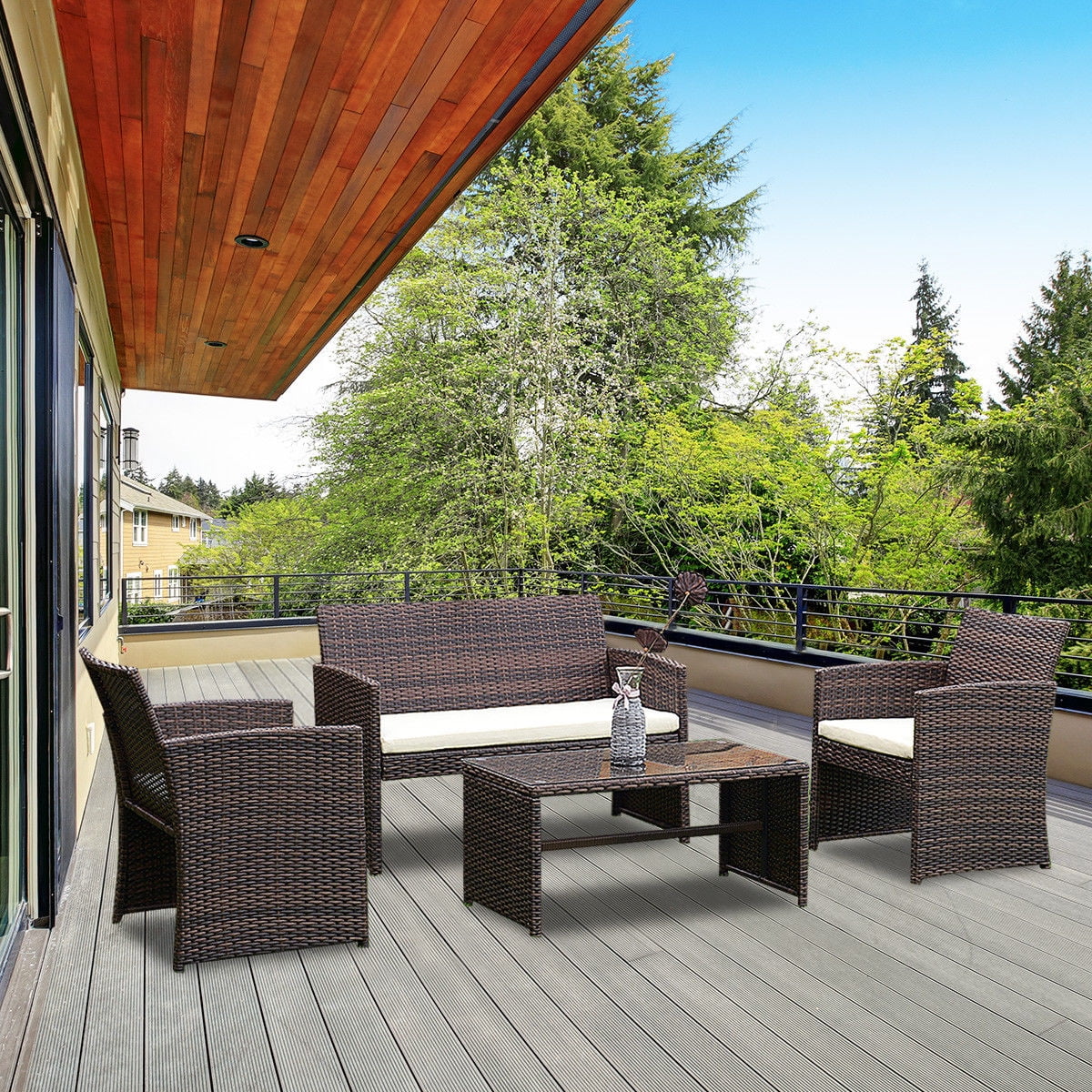 Costway 4 Pcs Outdoor Patio Rattan Wicker Furniture Set Table Sofa Costway 4 Pcs Outdoor Patio Rattan Wicker Furniture Set Table Sofa Cushioned Garden Deck Com