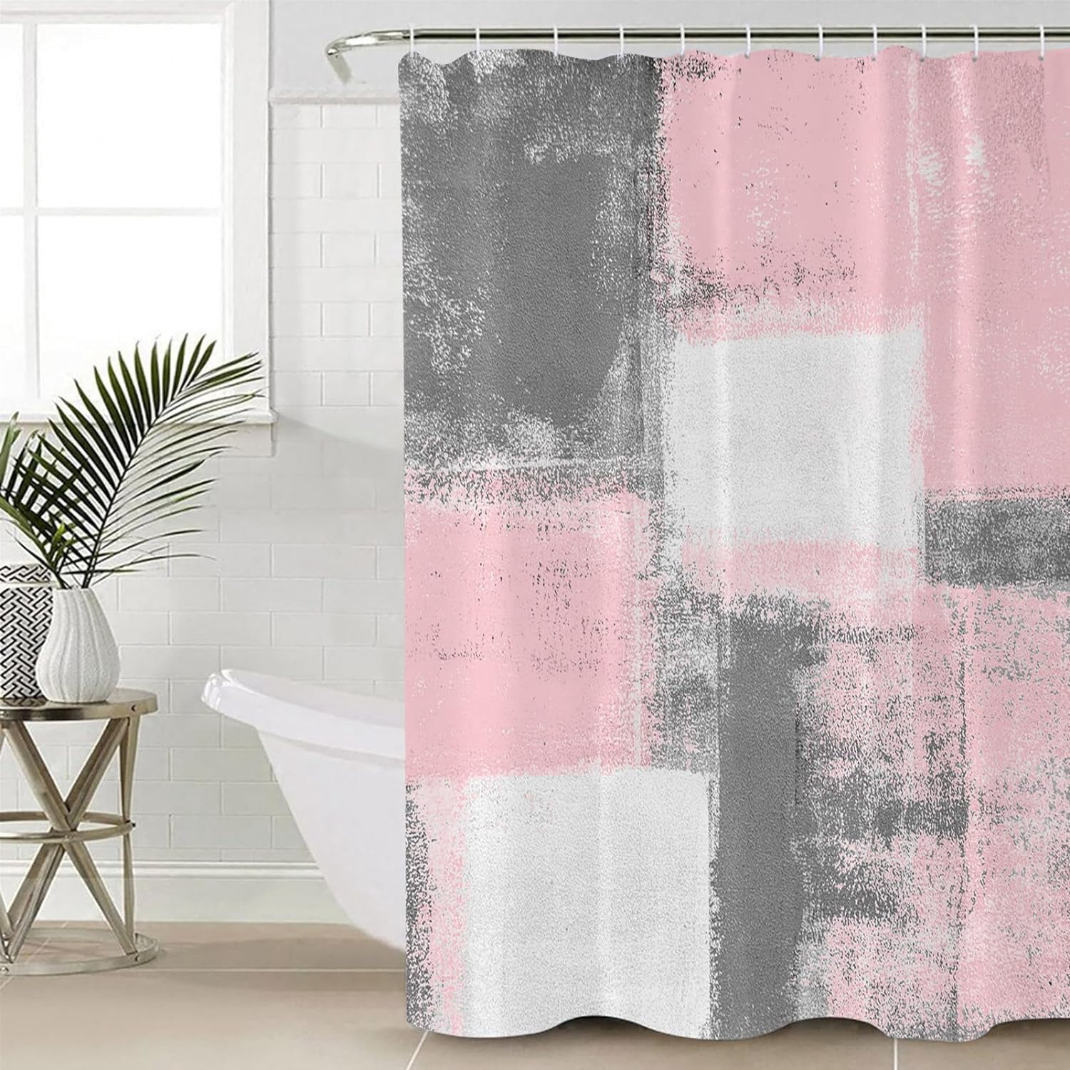 Pink Shower Curtain Lightweight Abstract Pink Shower Curtains with Hooks, Pink and Grey White Oil Painting Waterproof Bath Curtain for Bathroom,Pink Geometric Ombre Bathtub Decor 72 X 72 Inch