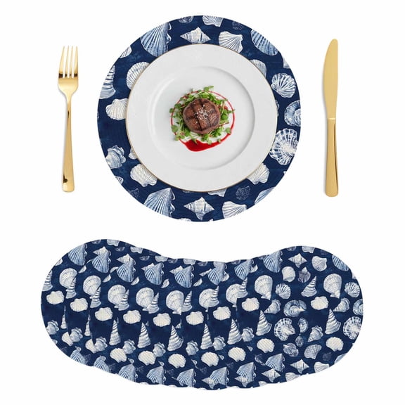 Navy Blue Coastal Round 15 Inch Placemats Set of 8, Shell Conch Summer Beach Nautical HeatResistant Non Slip Place Mats for Dining Table, Wipeable Braided Kitchen Table Mats for Housewarming