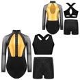 thumbnail image 5 of Aiihoo Kids Girls Gymnastics Ballet Dance Mesh Long Sleeve Shiny Rhinestones Leotard with Vest Shorts for Training Performance Gold 12, 5 of 5