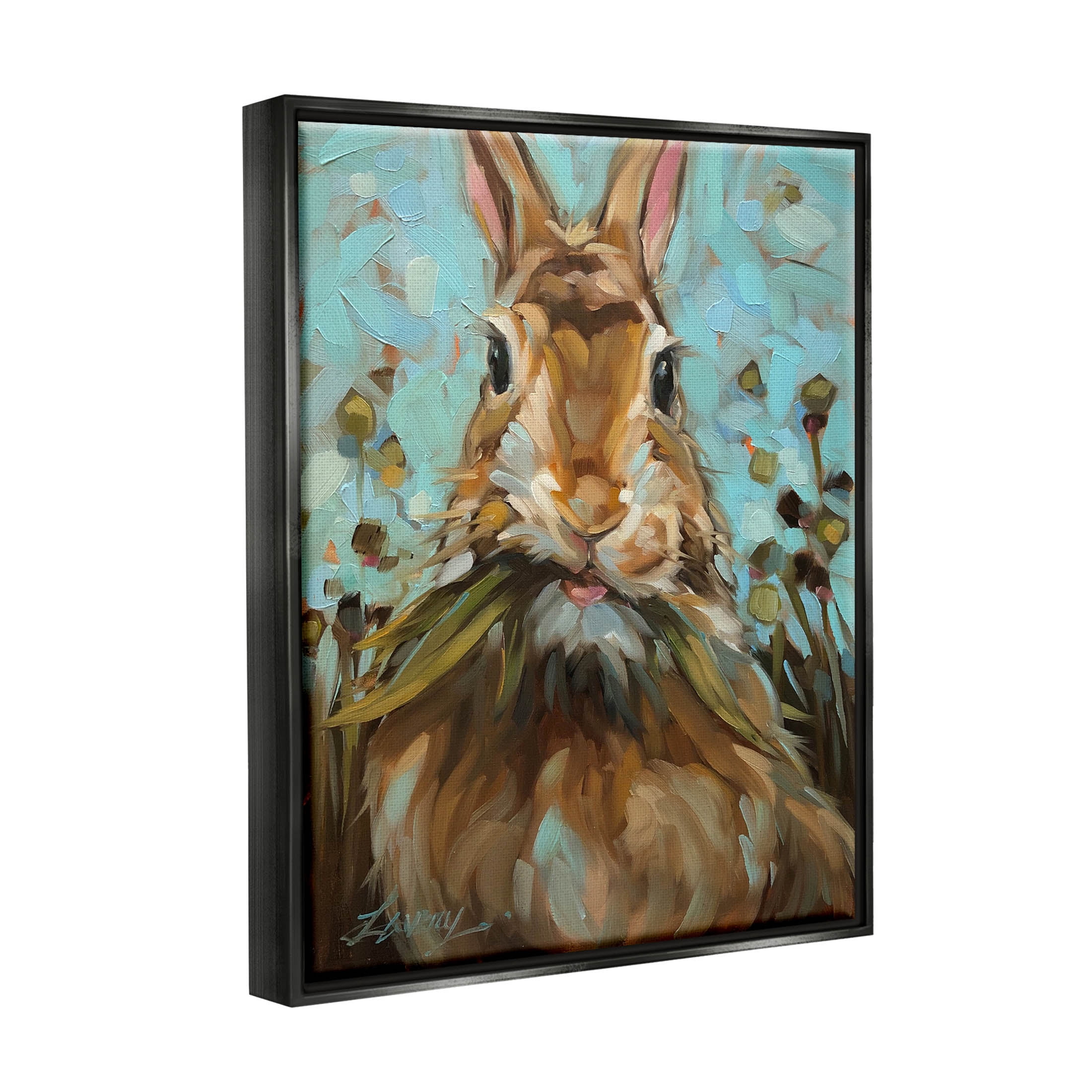 Wildlife Rabbit Eating Grass Animals & Insects Painting Jet Black Framed Art Print Wall Art