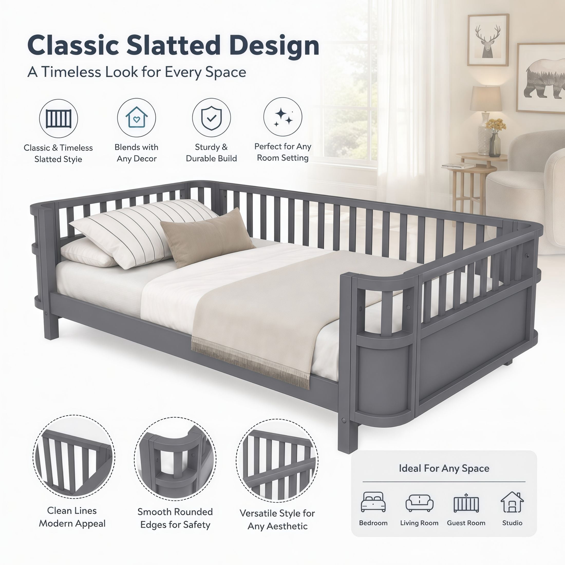 GDF Studio Darpel Full Size Wooden Montessori Bed Frame with Guard Rails, Pine Wood Low-Profile Floor Kids Bed, Gray
