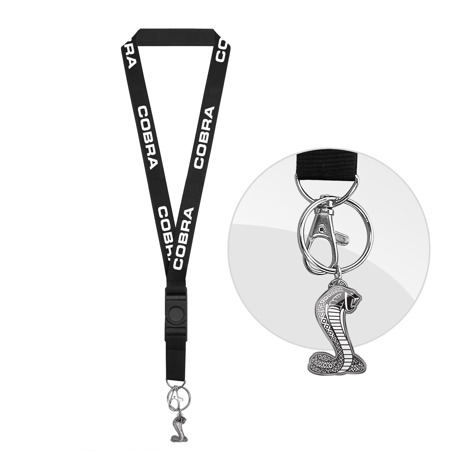 Ford Mustang Cobra Black Strap ID Holder Lanyard with 3D Cobra Metal Key Chain Charm