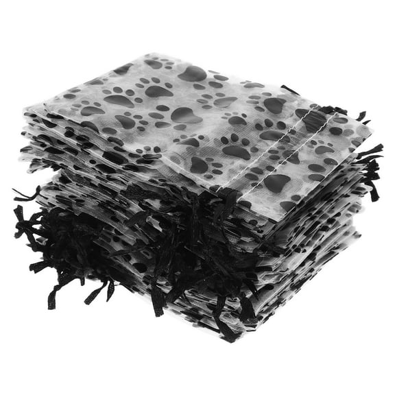 KALLORY 50pcs Paw Print Organza Bags Jewelry Drawstring Storage Bag, 4.7x3.5in Black Sheer Organza Wedding Favor