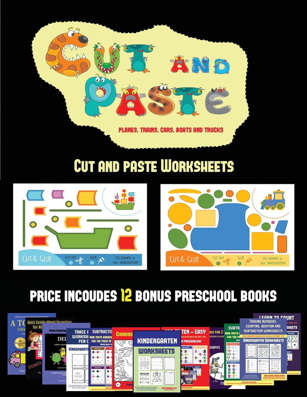 cut and paste worksheets cut and paste worksheets cut and paste planes trains cars boats and trucks 20 full color kindergarten cut and paste activity sheets designed to develop visuo perceptive skills in