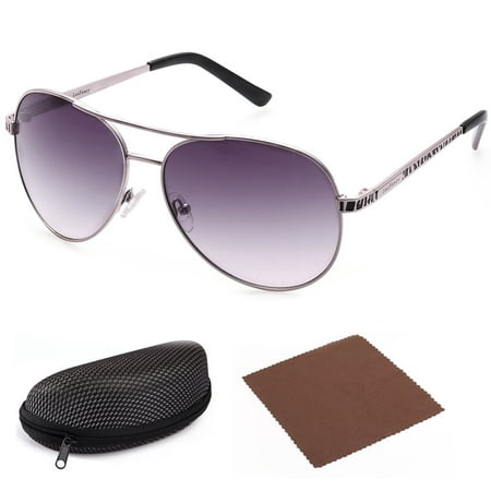 Aviator Sunglasses for Women, Grey Gradient Shatterproof 61mm Lens, Classic Metal Frame, UV400 Protection, Case Included