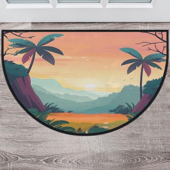 CURLYOOT Mountains with Tree Tropical Half Round Door Mat 40'' x 63'', Indoor Outdoor Entrance Rug, Semi Circular Area Rug, Non Slip Washable Absorbent Doormat, Laundry Room Rug