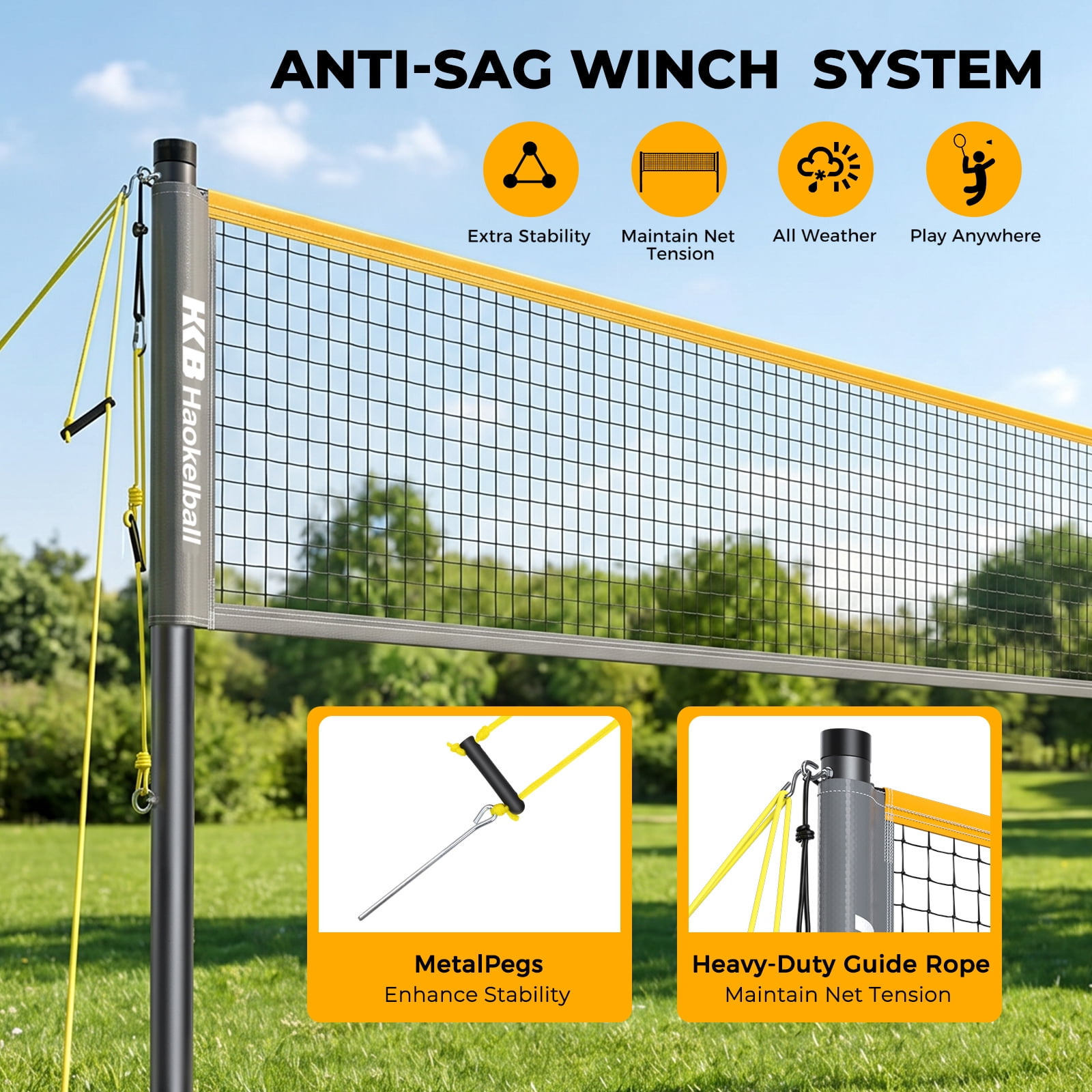 Haokelball Badminton Set with Net for Backyard – Outdoor Game Set with Tension Adjuster, 4 Rackets, Shuttlecocks, Poles, Boundary Line & Carry Bag