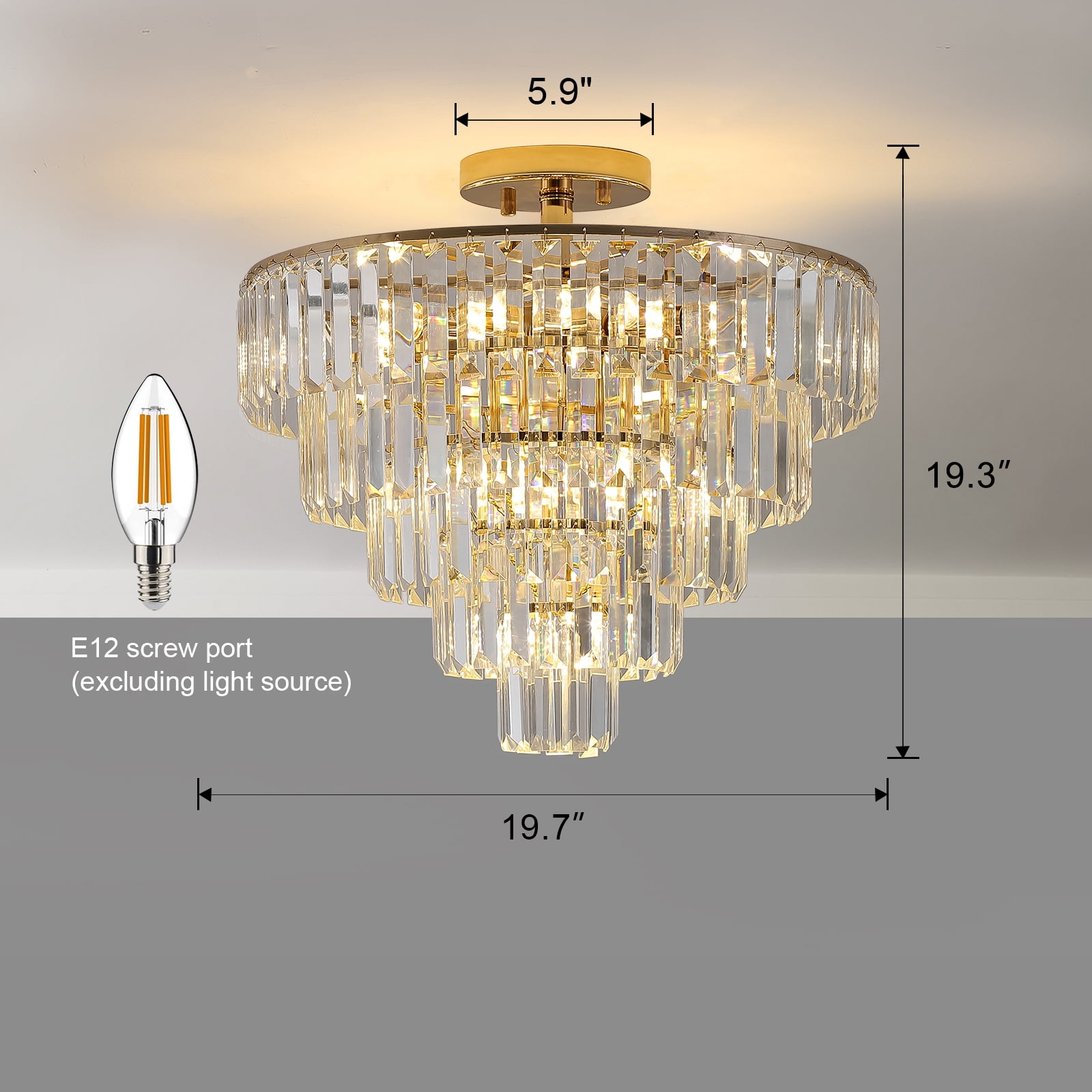 Large Contemporary Luxury Ceiling Lighting Gold Crystal Chandeliers,5-Tier 19.7in Round Semi Flush Mount Chandelier Light Fixture,for Living Room Dining Room Bedroom Hallway