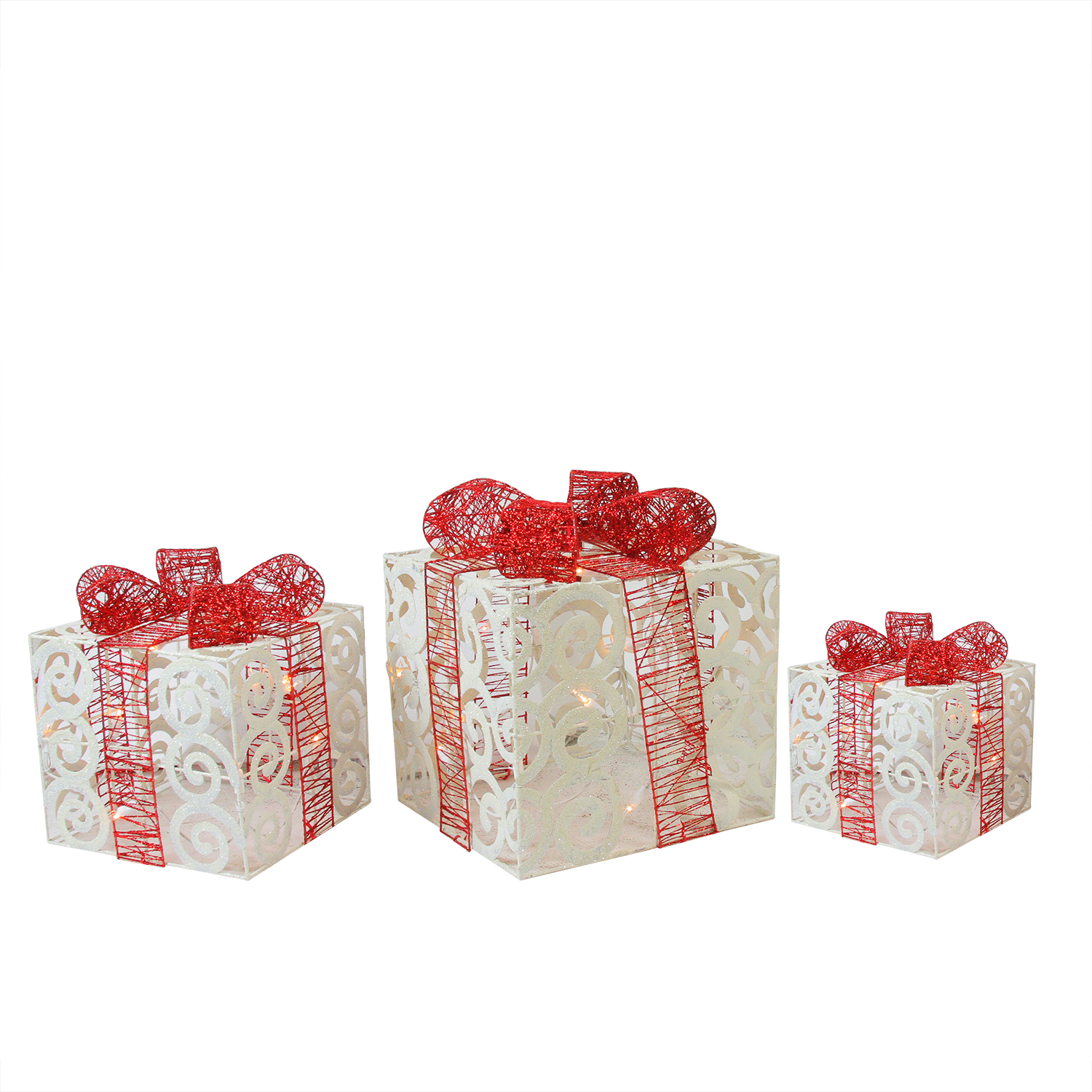 Set of 3 Lighted Sparkling White Swirl Glitter Gift Boxes Christmas