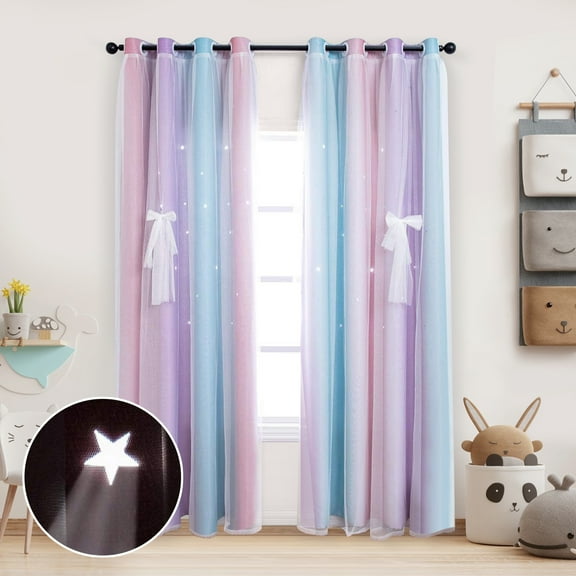 DONGPAI Blackout Stars Curtains for Kids Girls Bedroom Double Layers Star Cut Out Rainbow Curtains Home Window Decoration Curtain, 51" x 63", 1 Panel