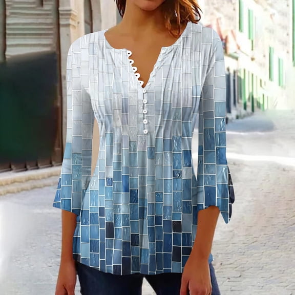 Drovellove Women's V Neck 3/4 Length Sleeve Blouse, Printed Casual Tunic Top for Home or Office